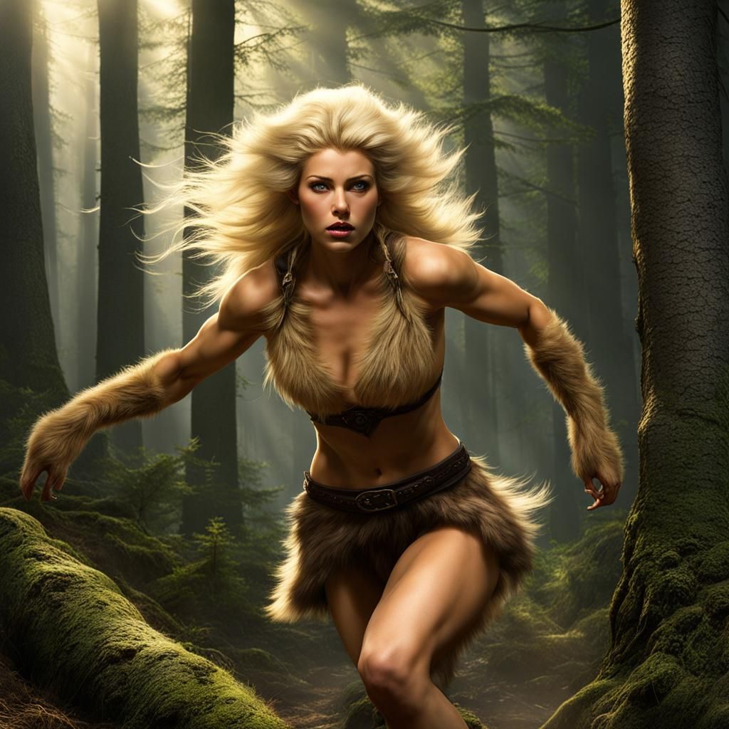 Blonde Wolfwoman Running Through Woods Carrying Body
