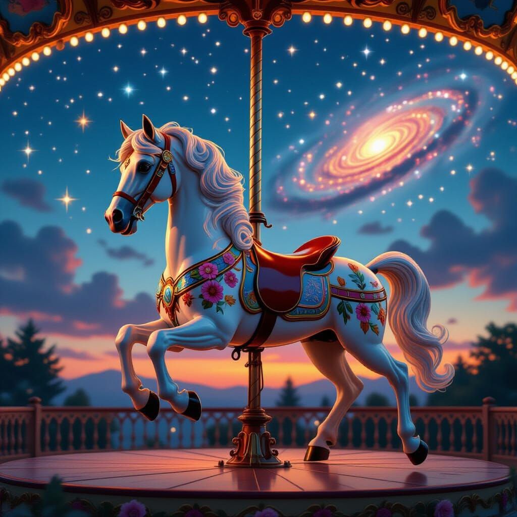 Vintage Carousel Horse Against Twilight Galaxy Sky