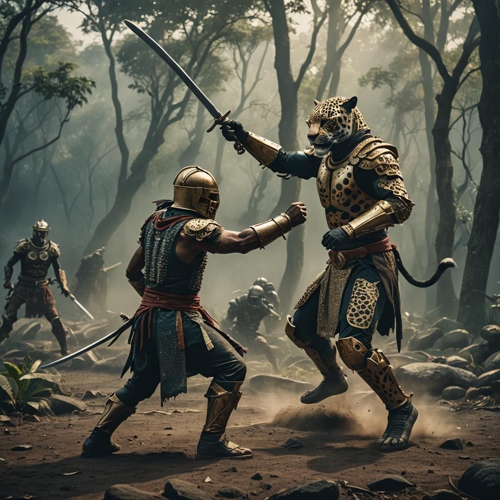 Jaguar Warrior Confronts Slaver: Cinematic Film Still