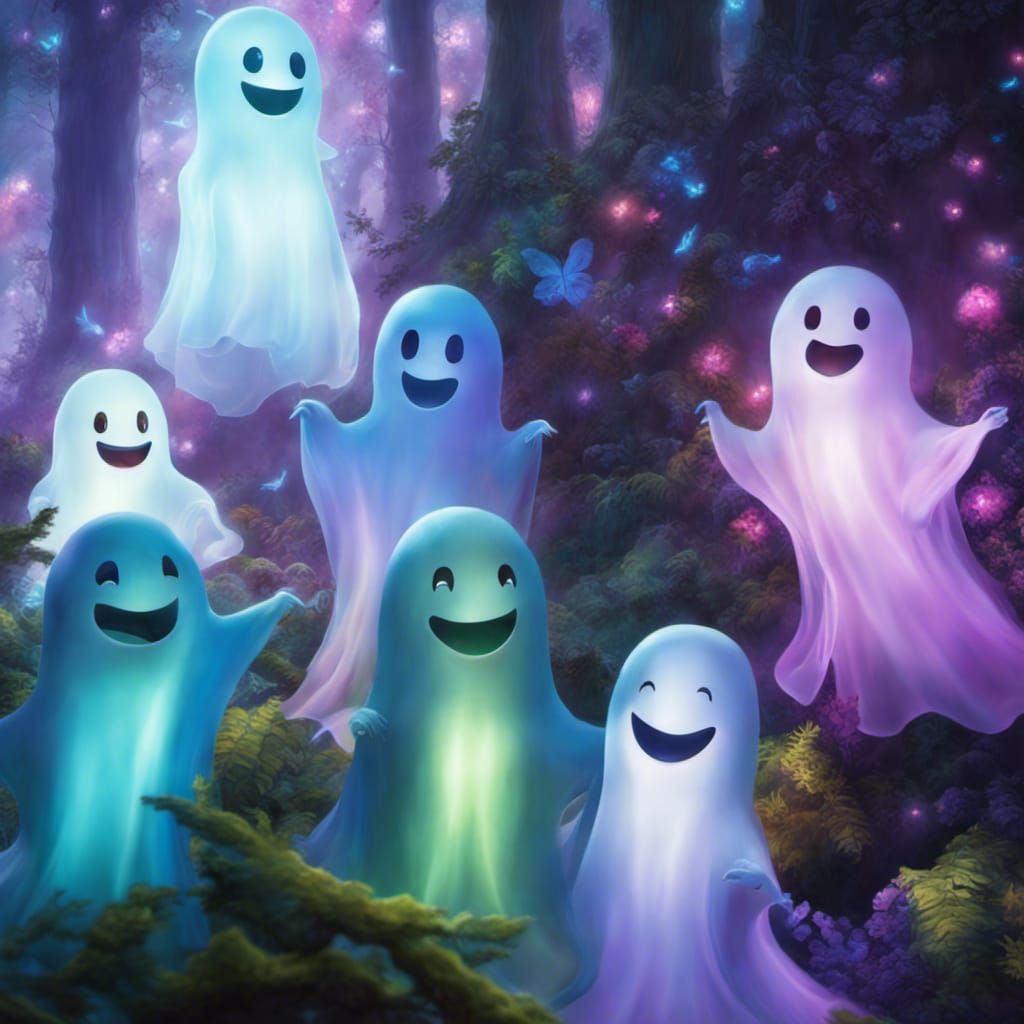 Happy Ghosts Singing in Bioluminescent Forest