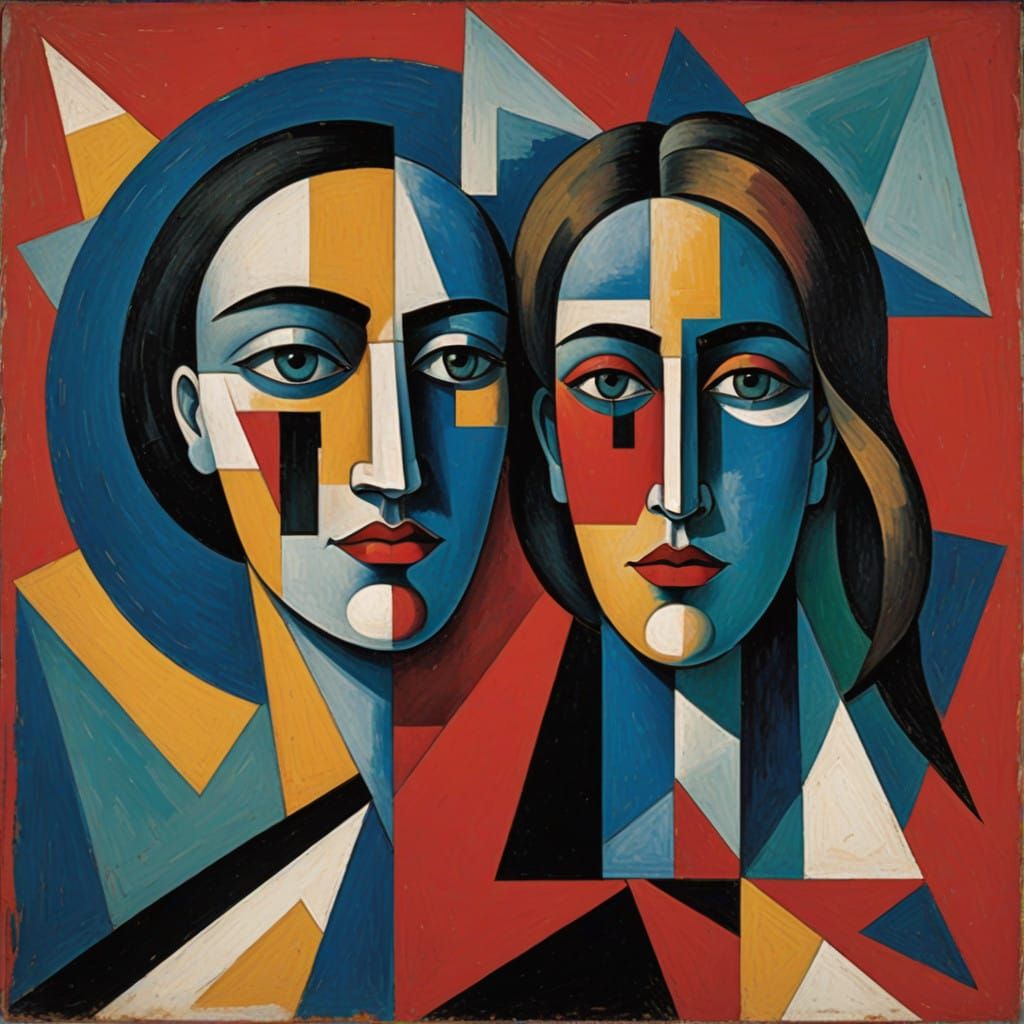 Geometric Jaw Cubist Composition in Crimson Red on Silk