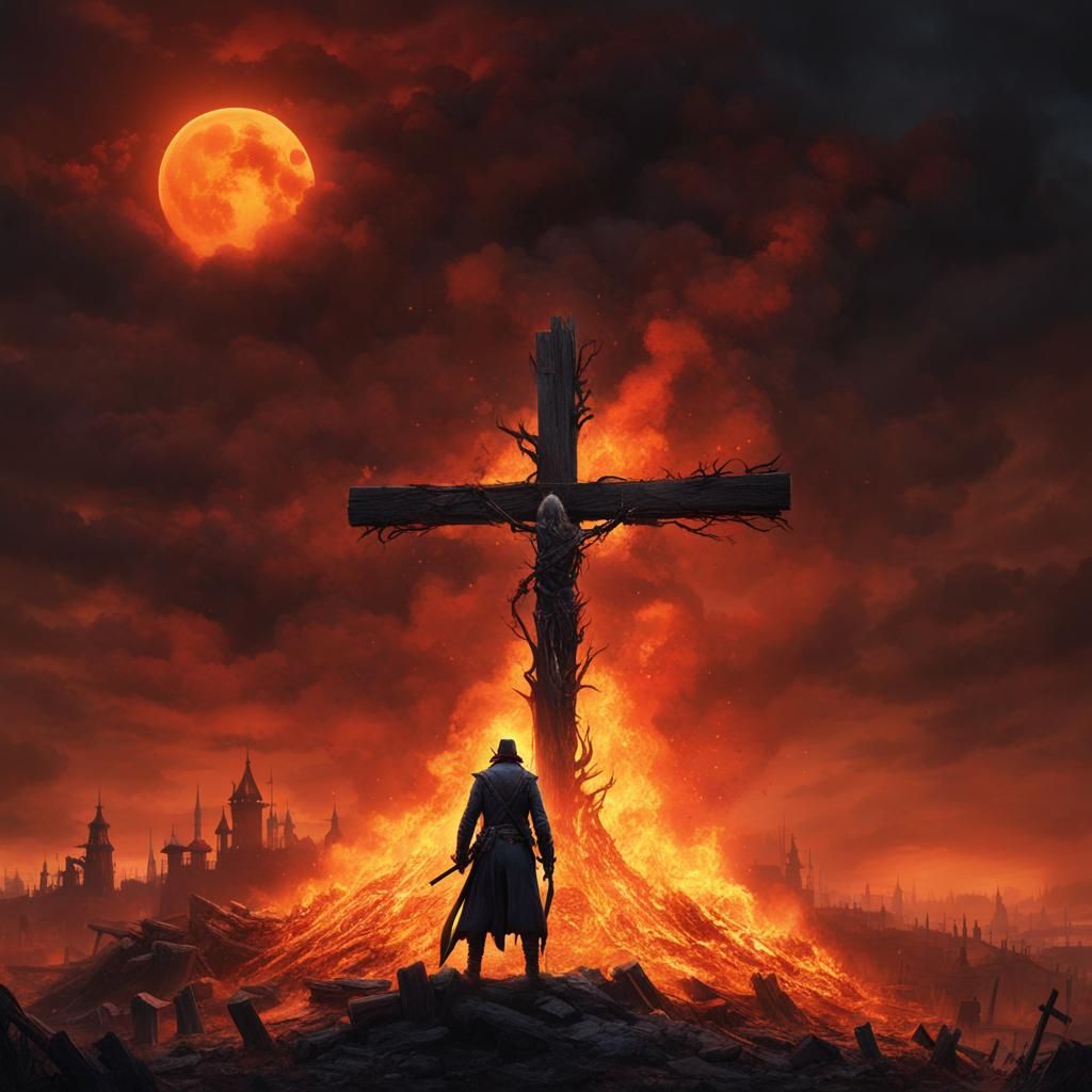 Burning Figure on Cross in Bloodborne Bonfire