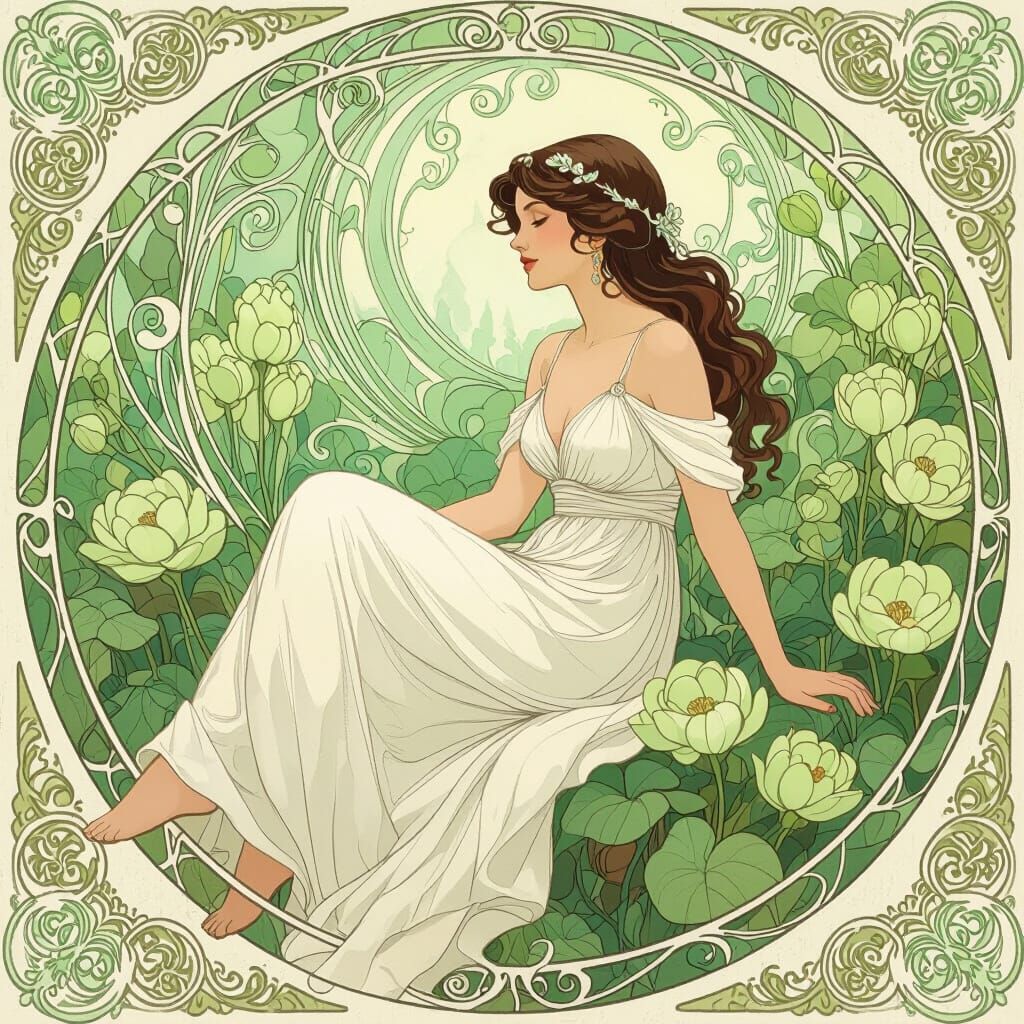 Elegant Woman Amongst Pastel Flowers in Art Nouveau Style