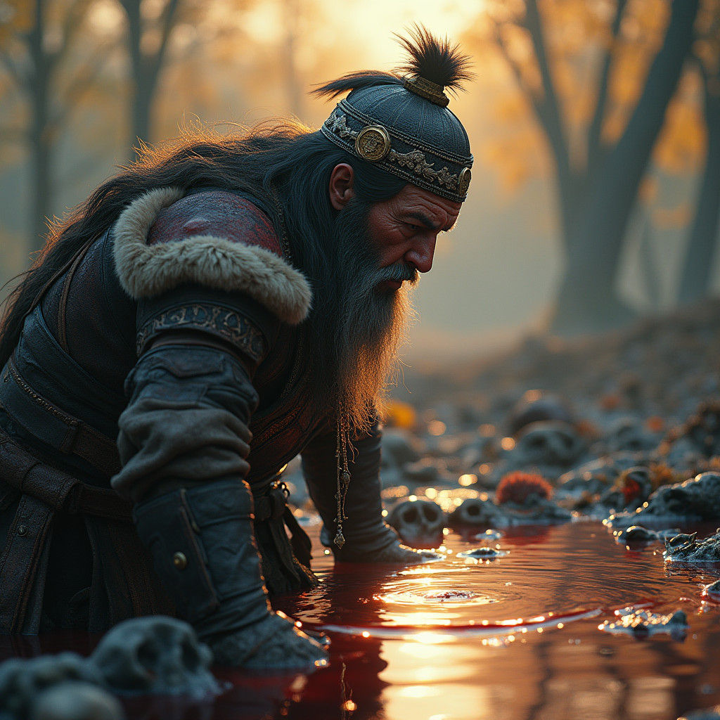 Genghis Khan Drinks from Blood Pond: Cinematic Portrait