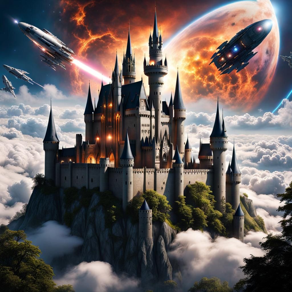 Gothic Castle spaceships above clouds