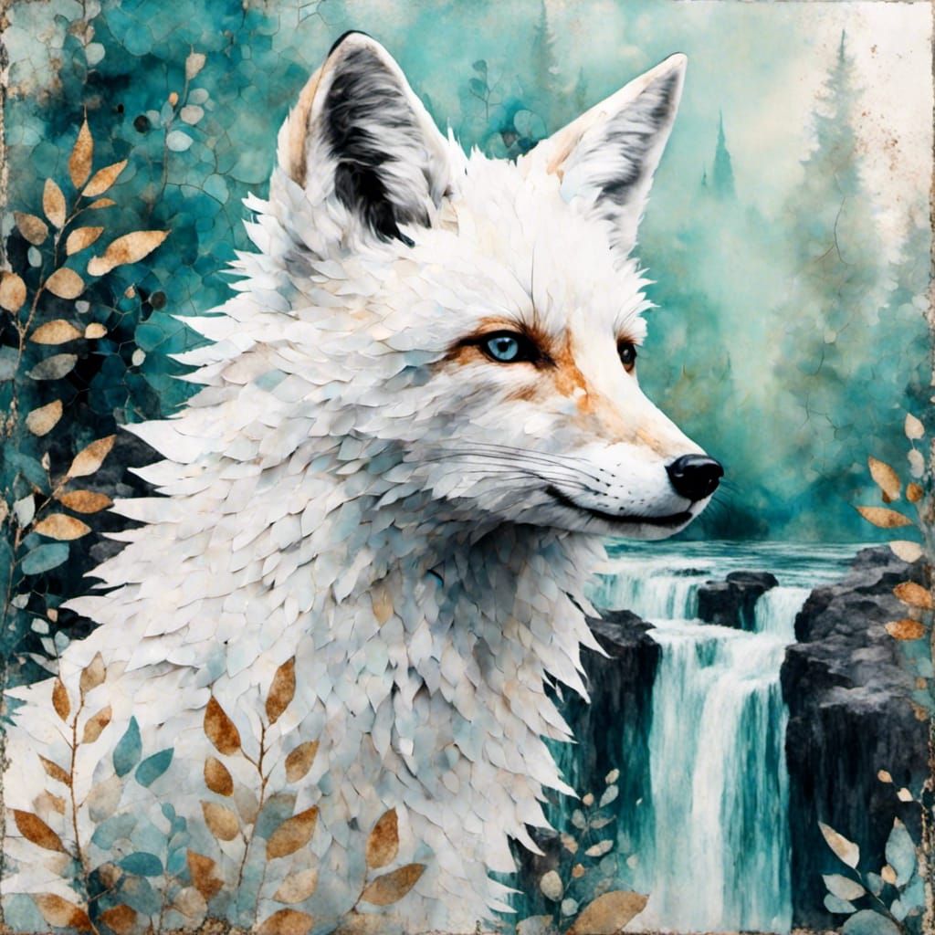 Whimsical White Fox with Waterfall: Modern Art