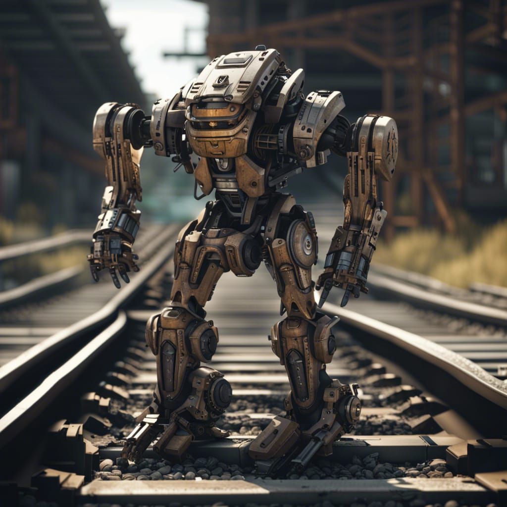 Futuristic Mech on Railroad Tracks in Sci-Fi Style