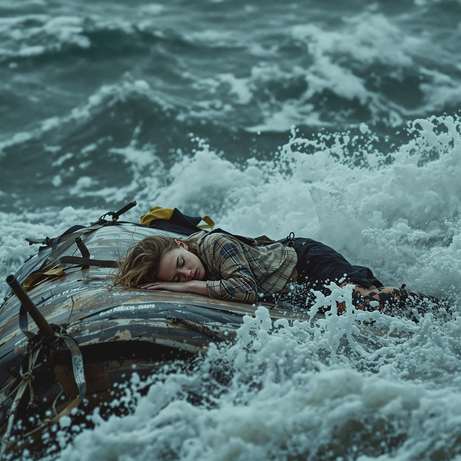 Cinematic Film Still of Woman Adrift at Sea