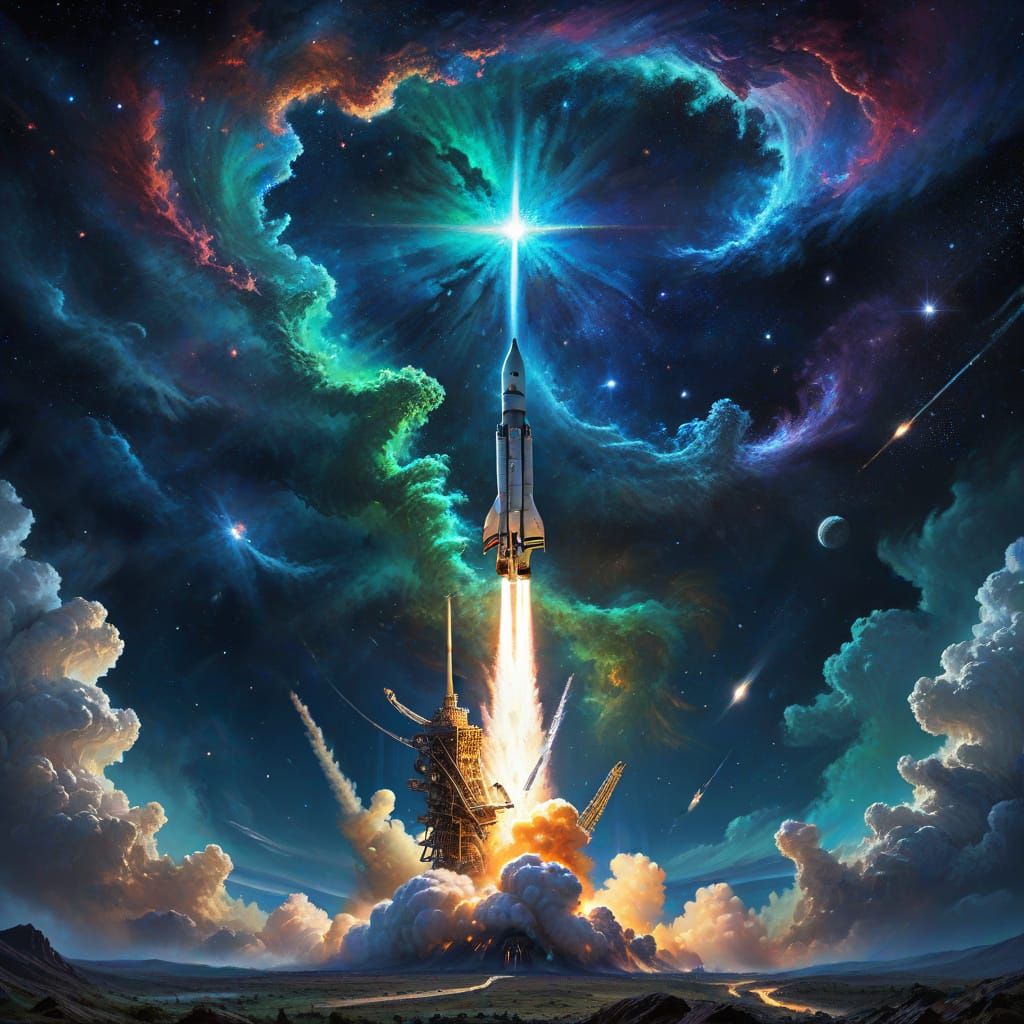 Epic Digital Painting of NASA Rocket in Starry Night Sky