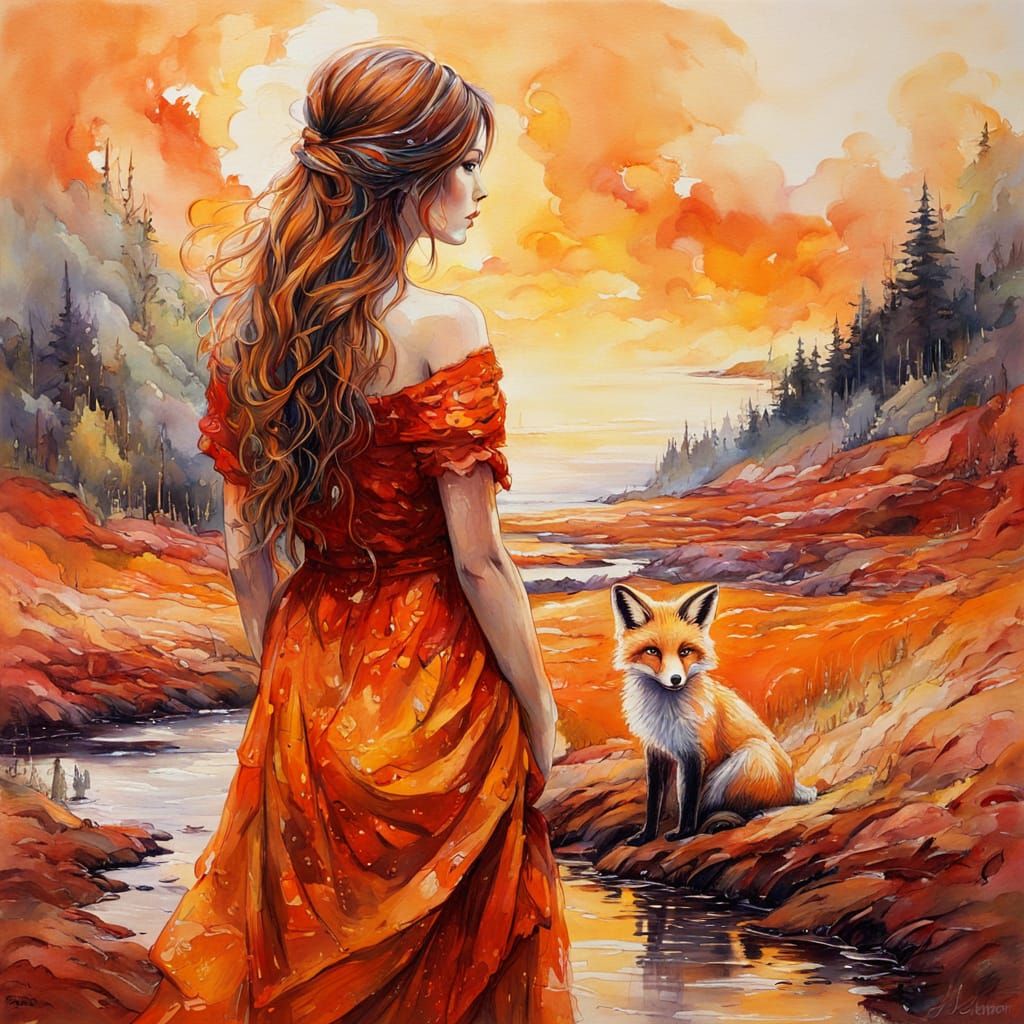 Ethereal Fox Goddess in Whimsical Oil Ink Portrait