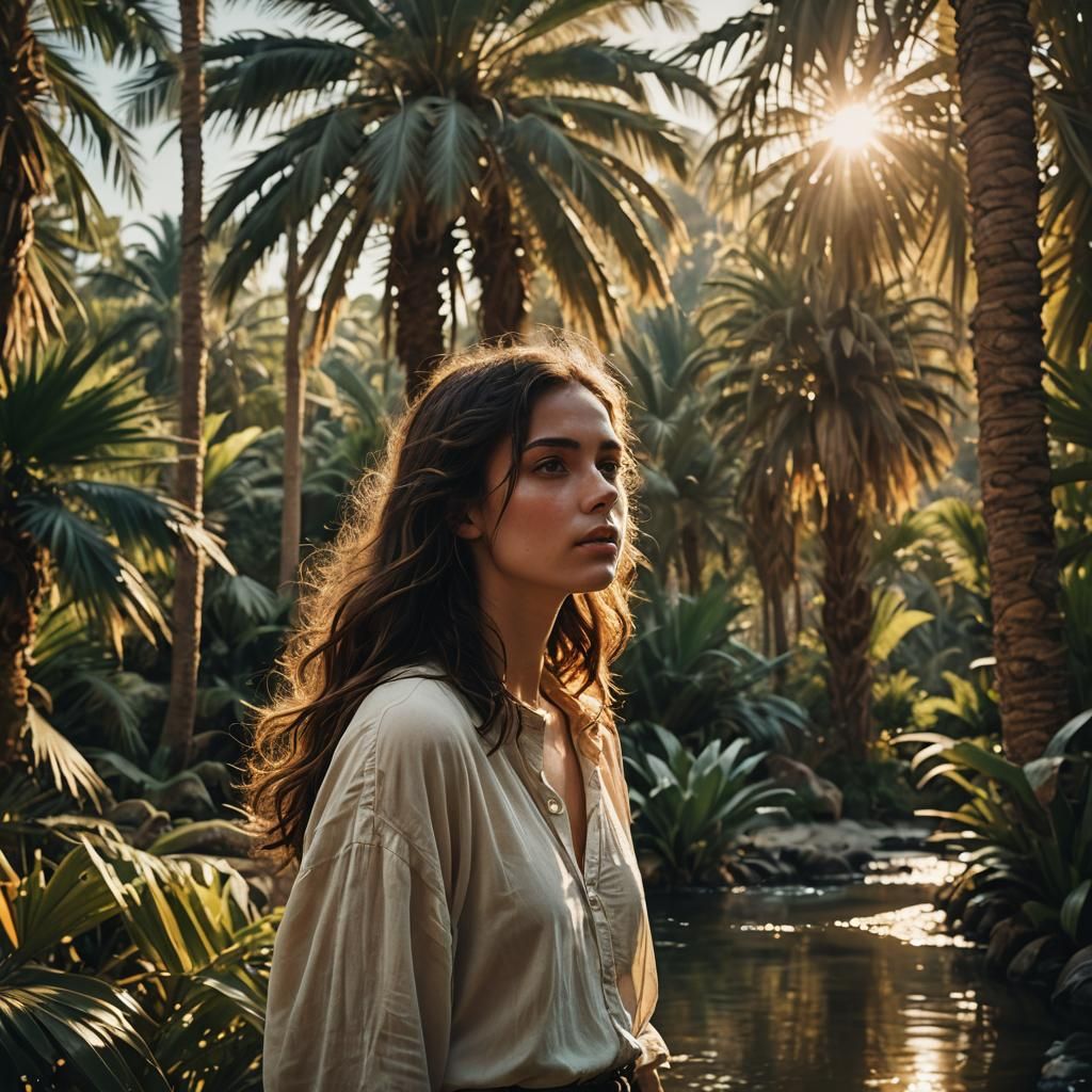 Brunette in Oasis at Sunset: Cinematic Film Still