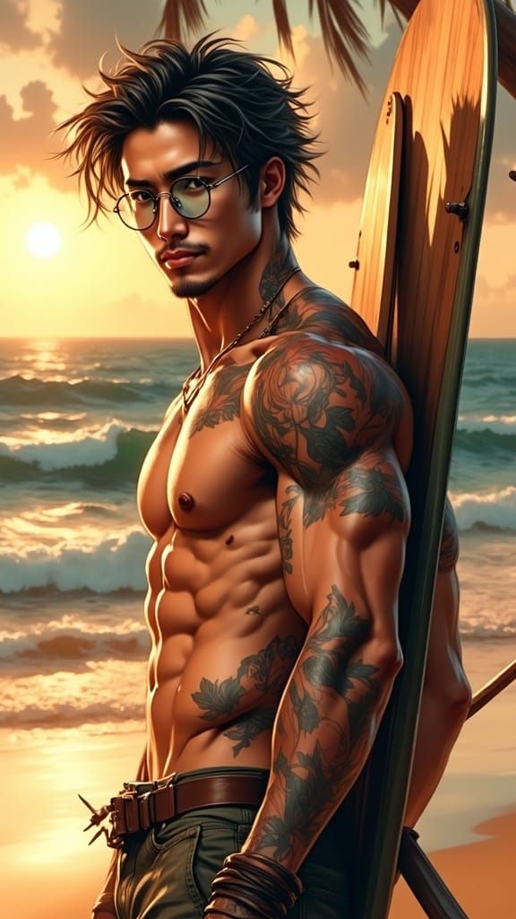 Rugged Korean Surfer with Chiseled Abs and Vibrant Tattoos