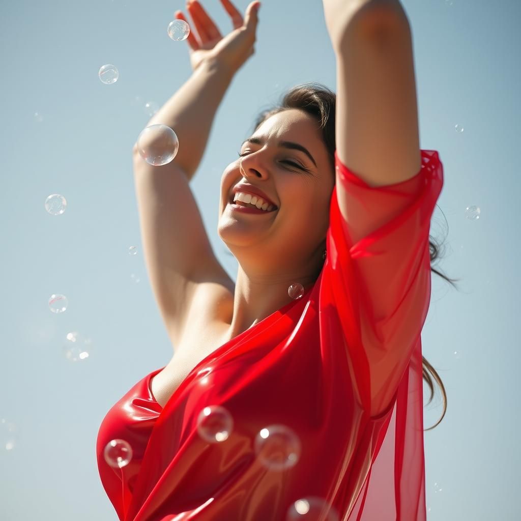 Woman in Red Gown Surrounded by Bubbles