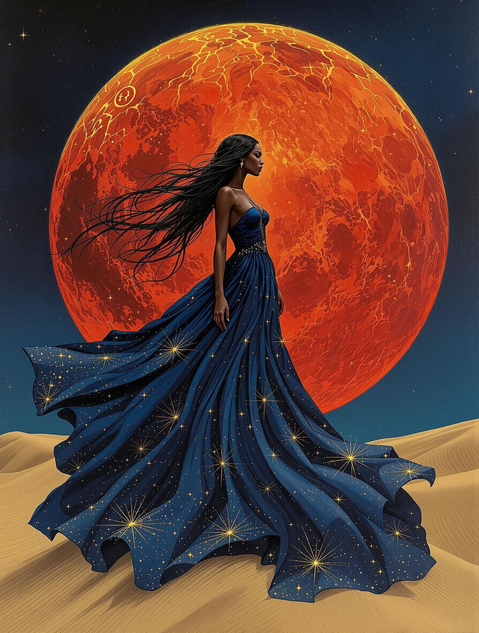 Regal Desert Goddess Under Blood Moon