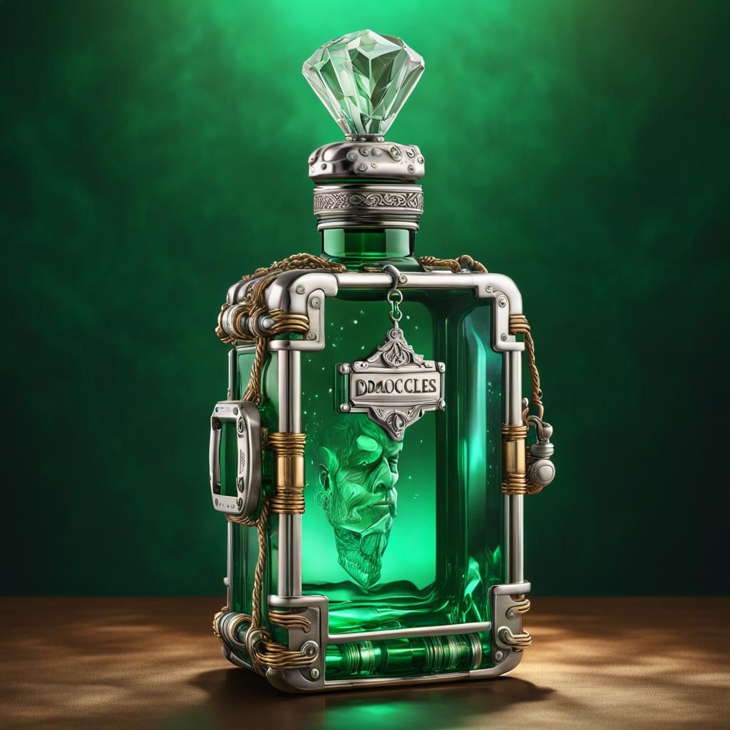 Steampunk Cologne Bottle with Emerald Green Liquid