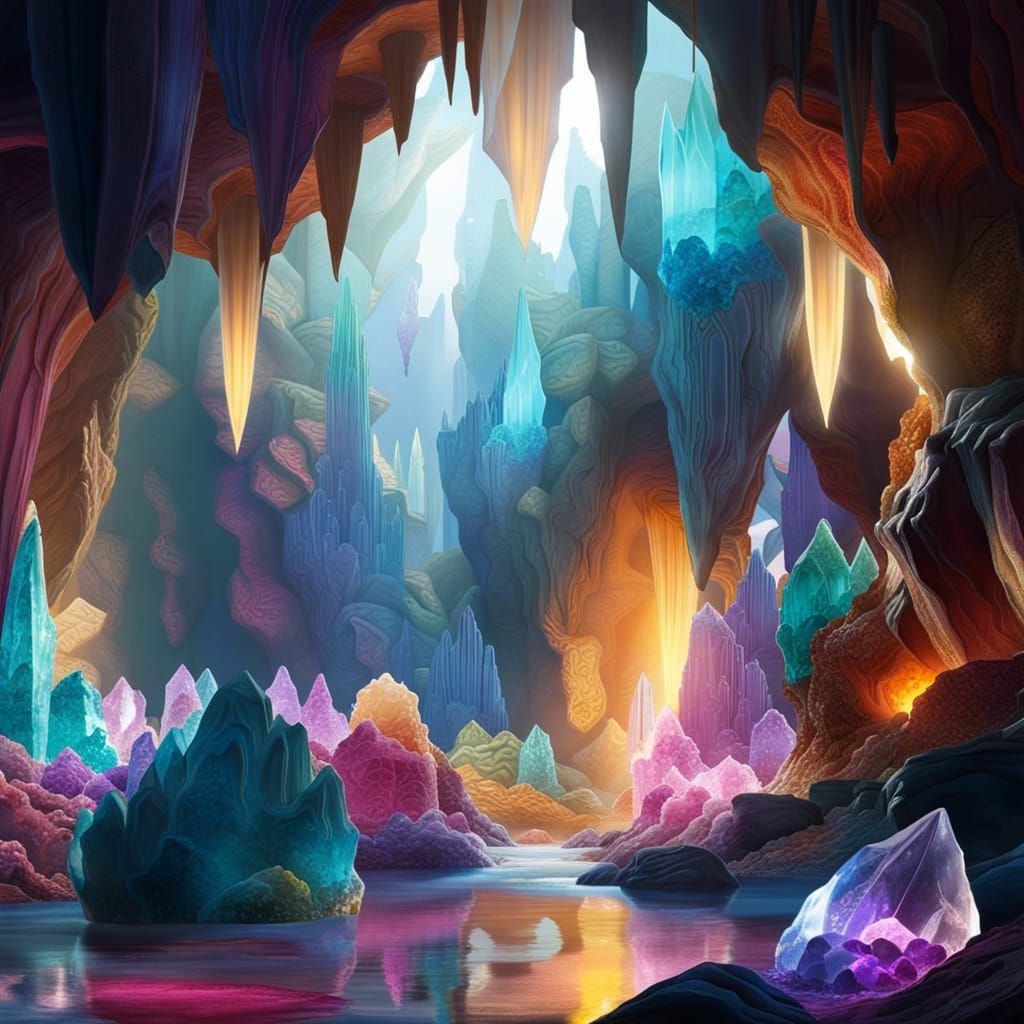 Glowing Crystal Cave with Colorful Geodes