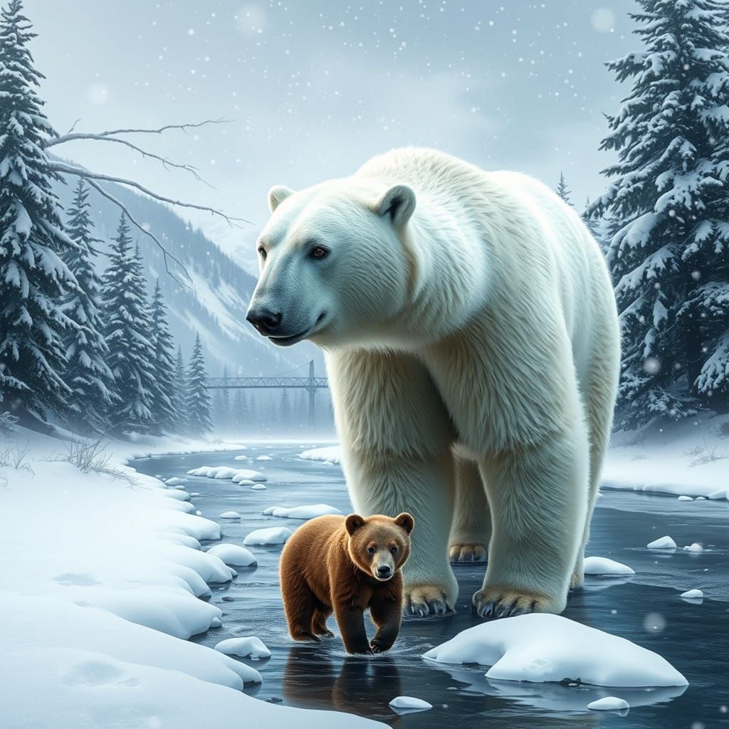A Hyper-Realistic Winter Scene: Polar Bear and Little Brown...