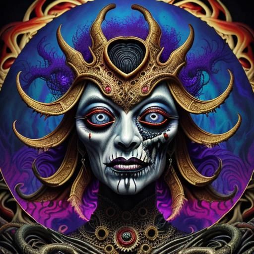 Grotesque Scarlet Face in Mystical Realm, Hyperrealistic