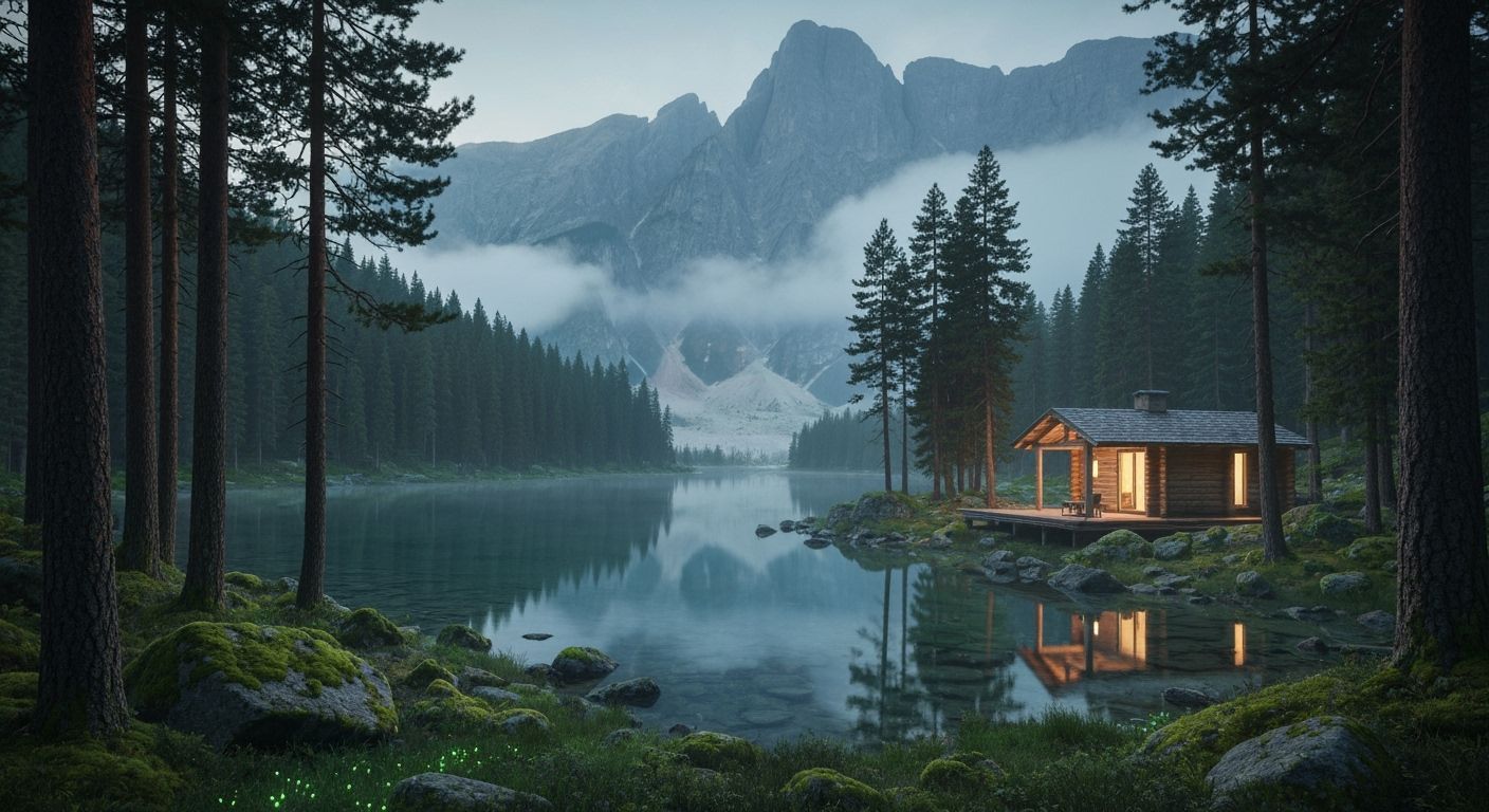 Serene Woodland Retreat at Dusk: Minimalist Cabin by Alpine ...