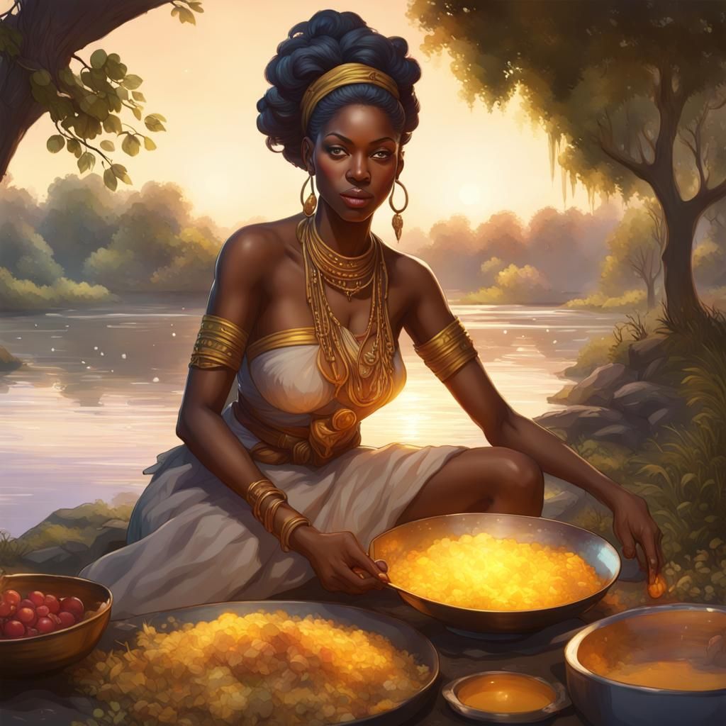 Oshun Cooks by the River: Hyperdetailed Digital Art