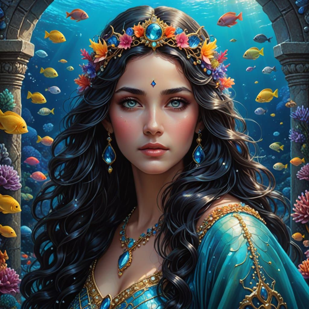 Goddess of the Ocean in Vibrant Jewel-Toned Majesty
