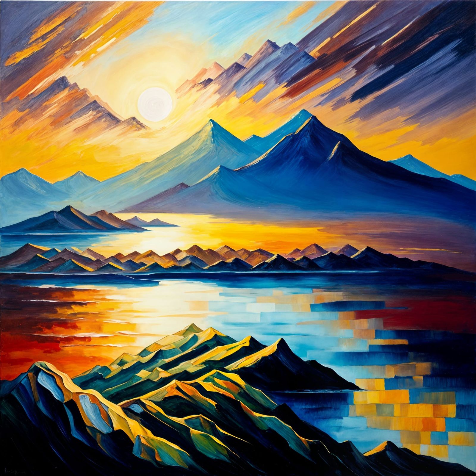 Neo-Impressionist Sunrise Over Ocean with Islands