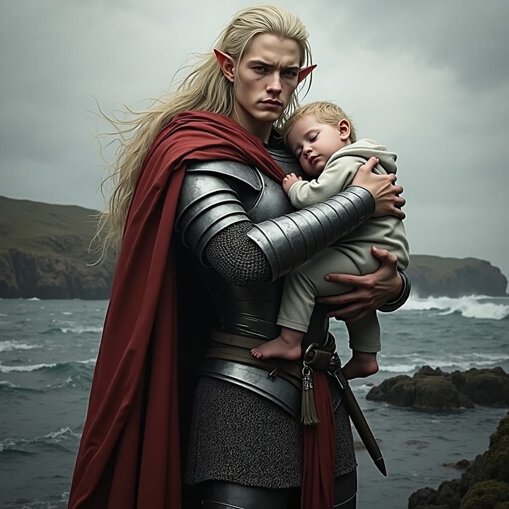 Elven Teenager on Shoreline with Baby in Armor