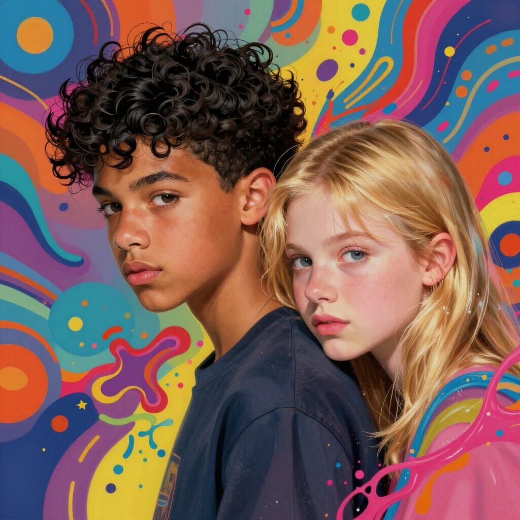 Teen Couple Leaning In Hyperrealistic Splash Art