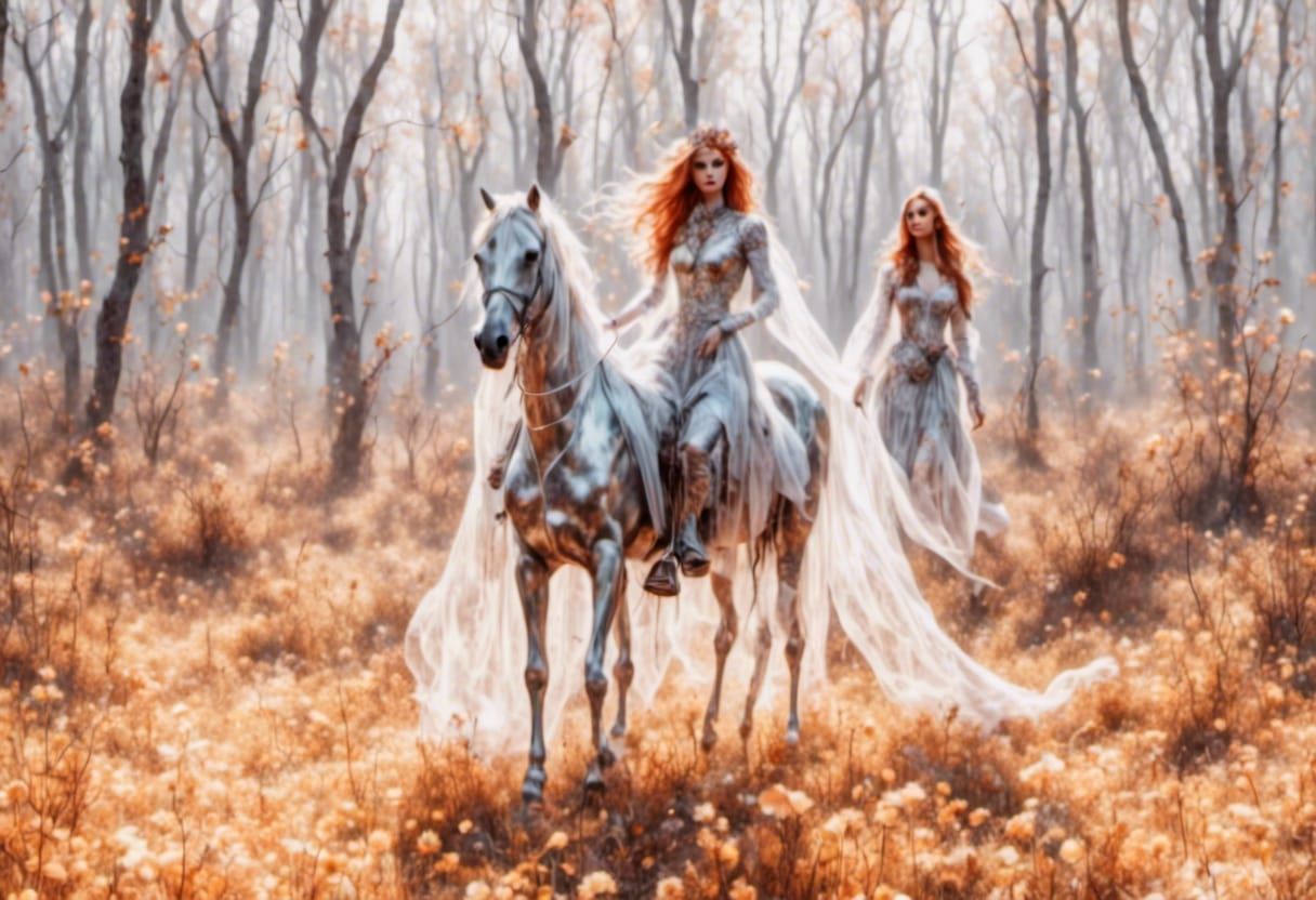 Red-Haired Woman Riding Horse in Vibrant Style