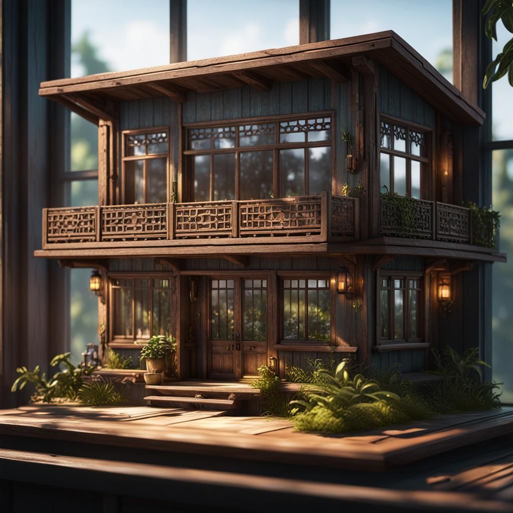 Miniature Wooden Bungalow on Window Shelf: 3D Render