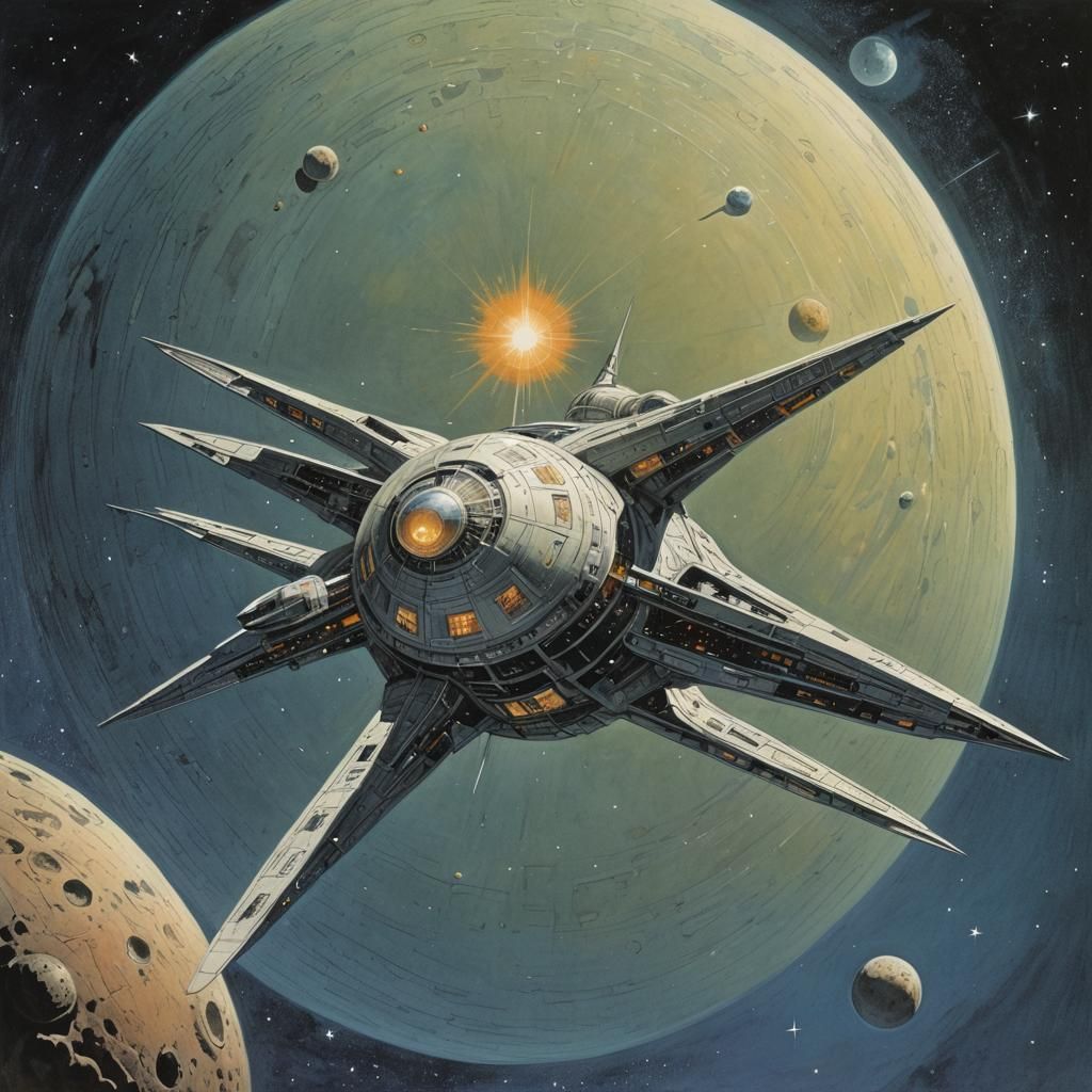 Starship Carrying a Star in Retrofuturist Style