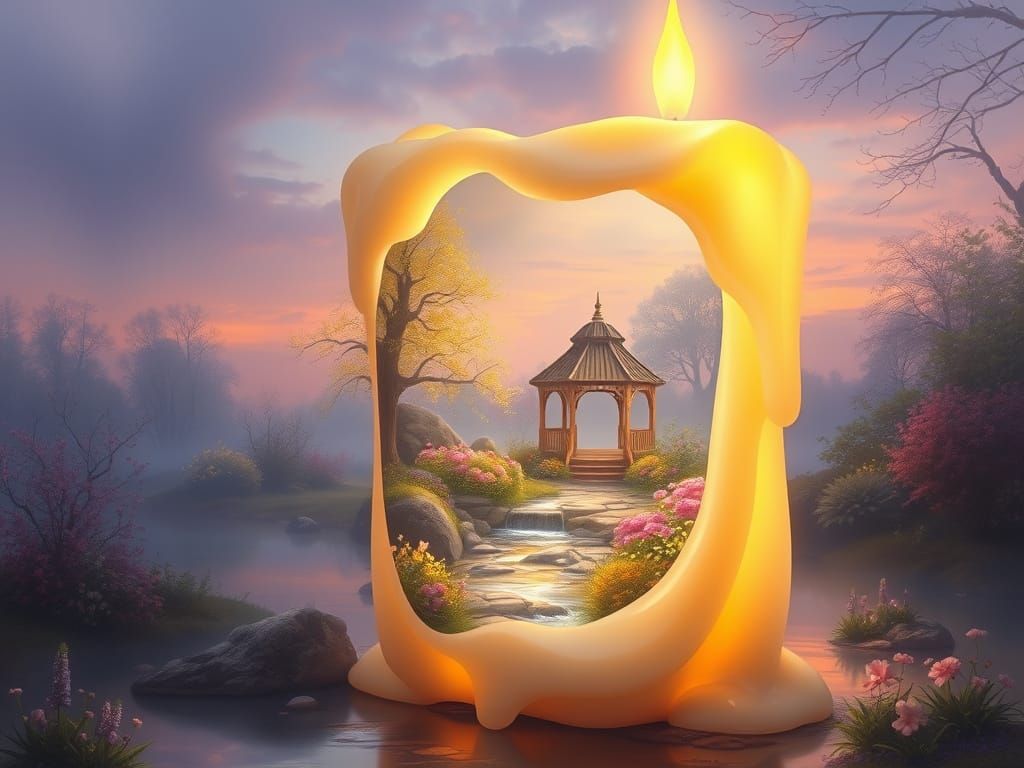 Melting Candle Reveals Spring Garden at Twilight