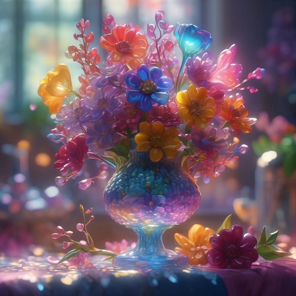 Vibrant Glass Bouquet in Triadic Colors, Fantasy Art
