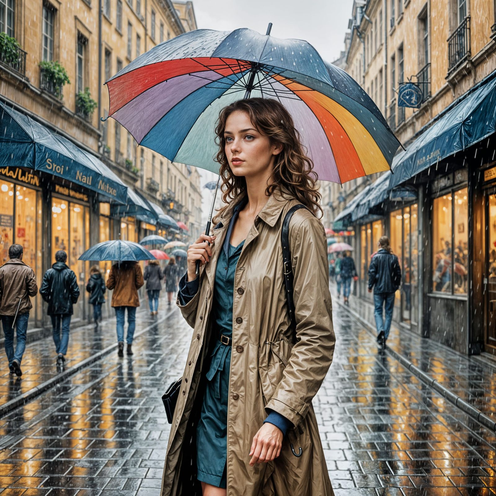 Pretty Woman Strolls Through Rainy European Street