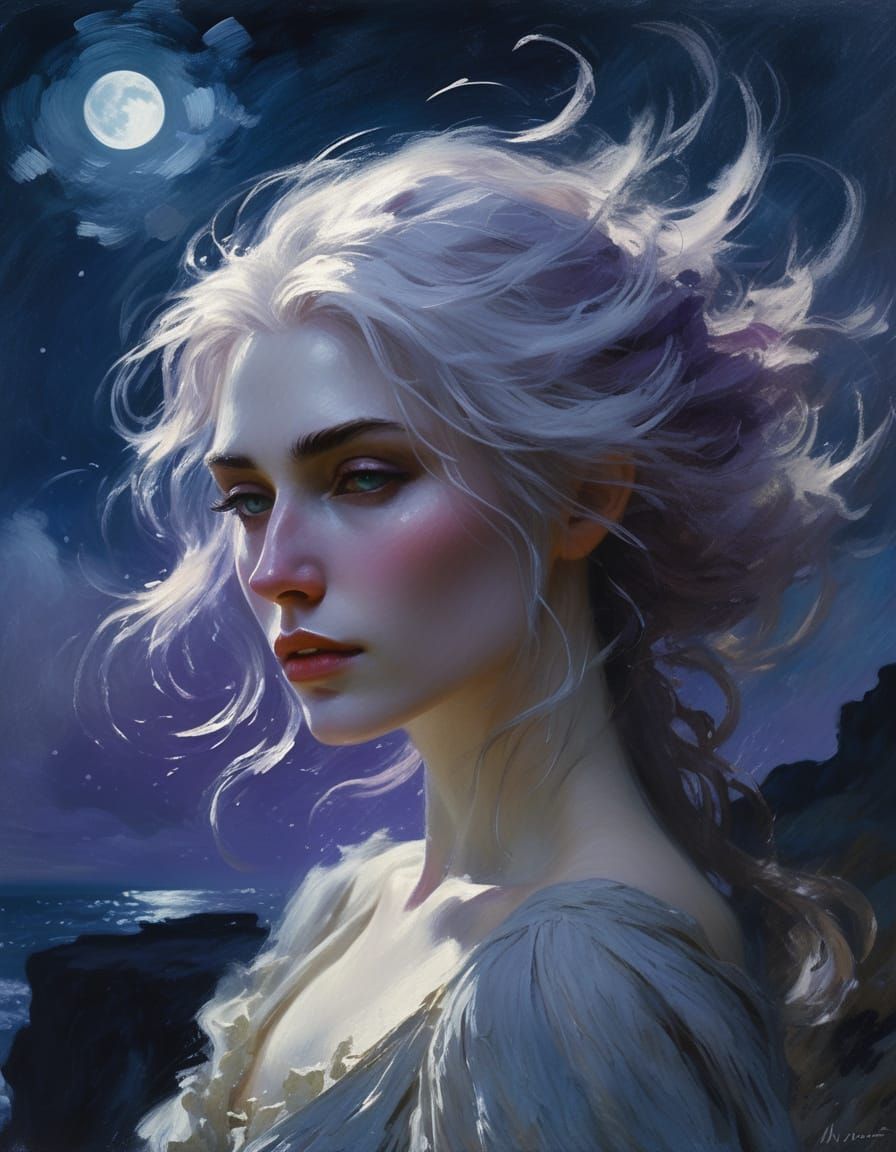 Elf Woman on Cliff Edge at Night in Impressionist Style