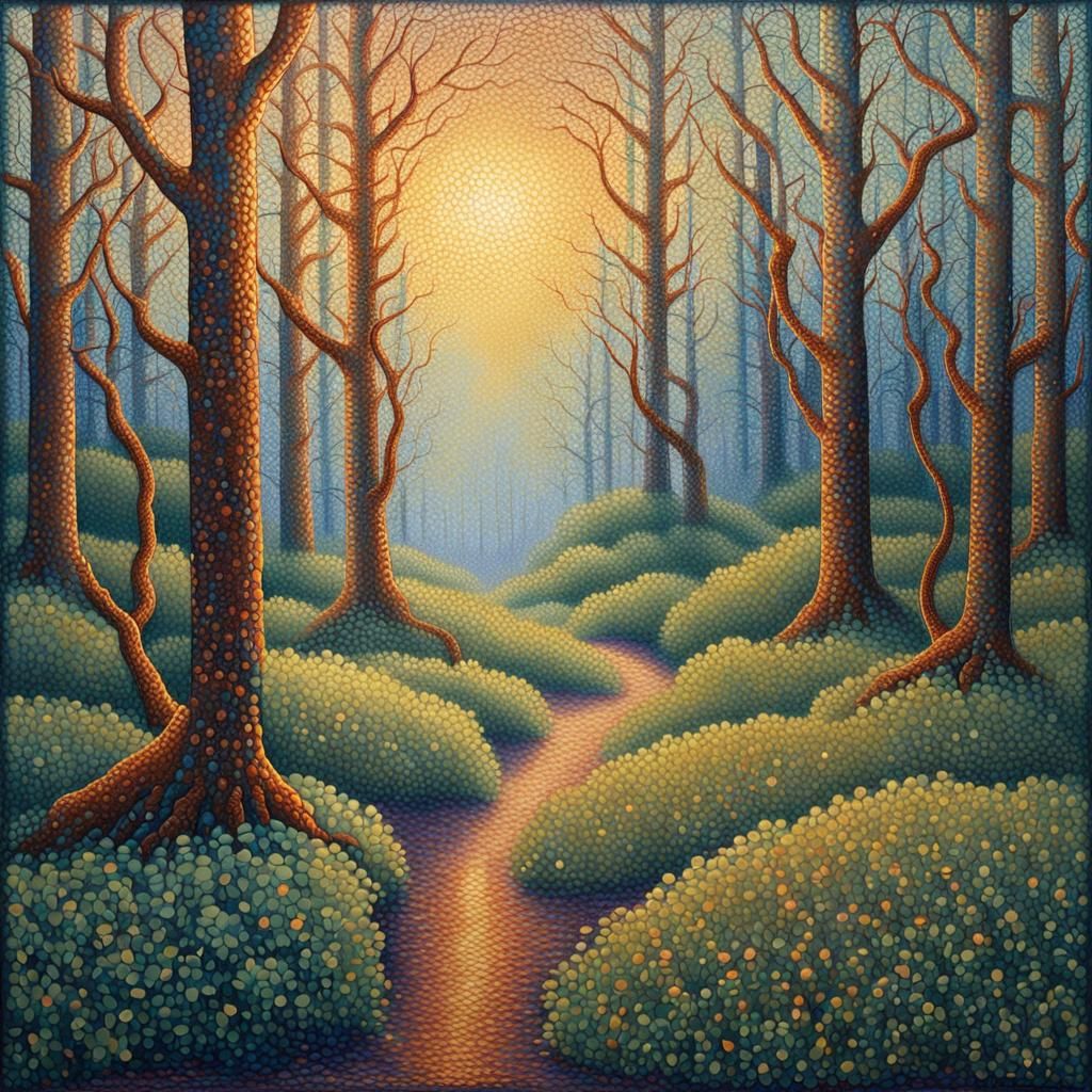 Tranquil Forest at Dawn in Pointillist Style