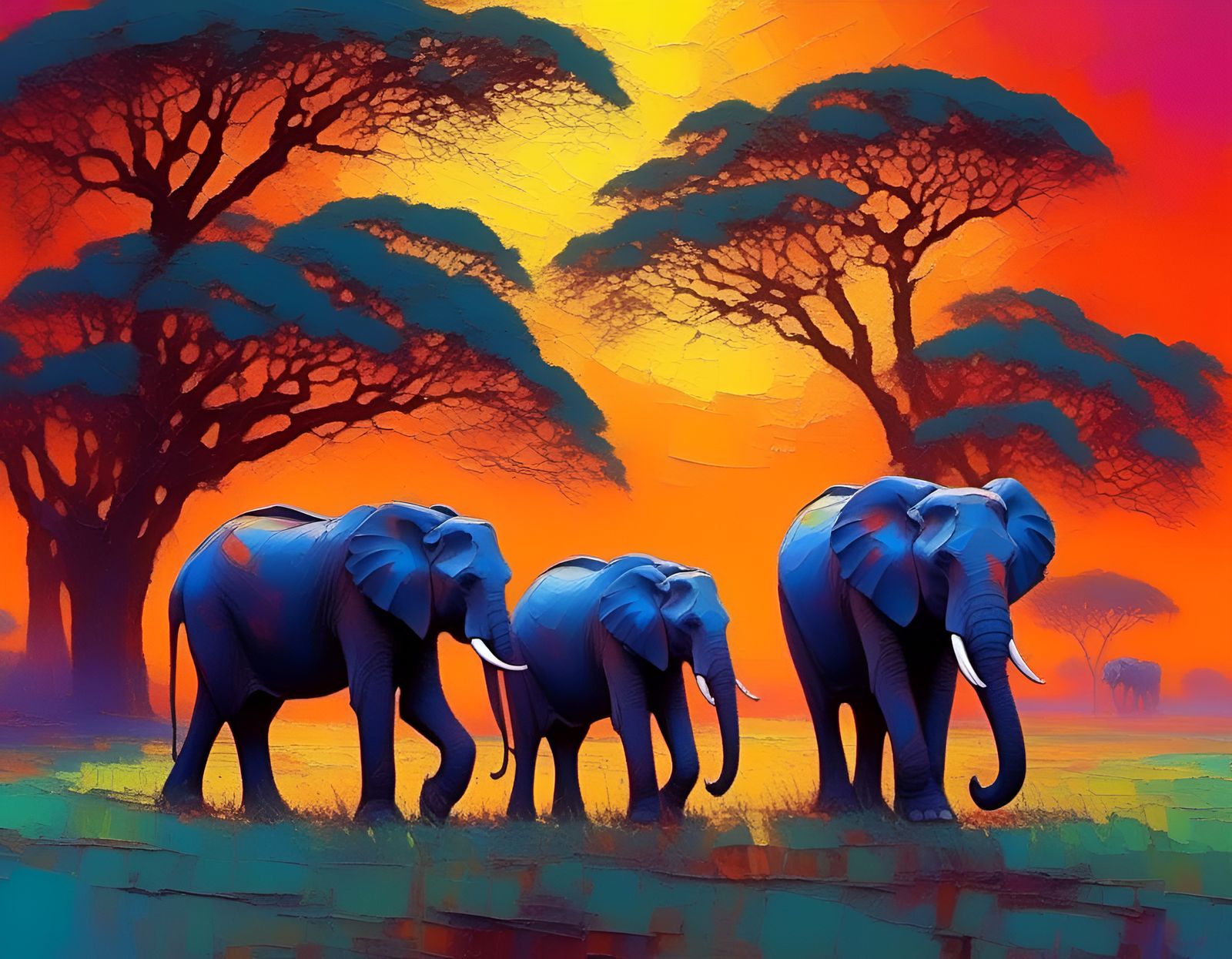 African Savannah Elephants in Impasto Oil Painting