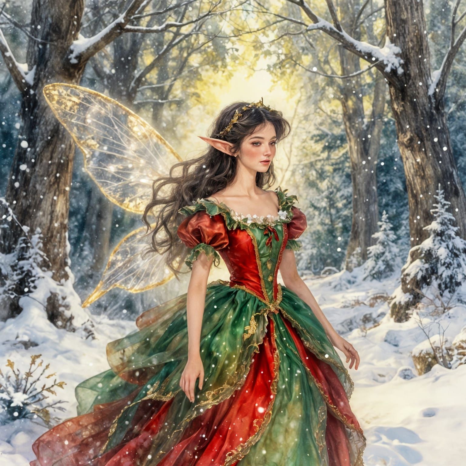 Christmas Fairy in Enchanted Winter Woodland Watercolor