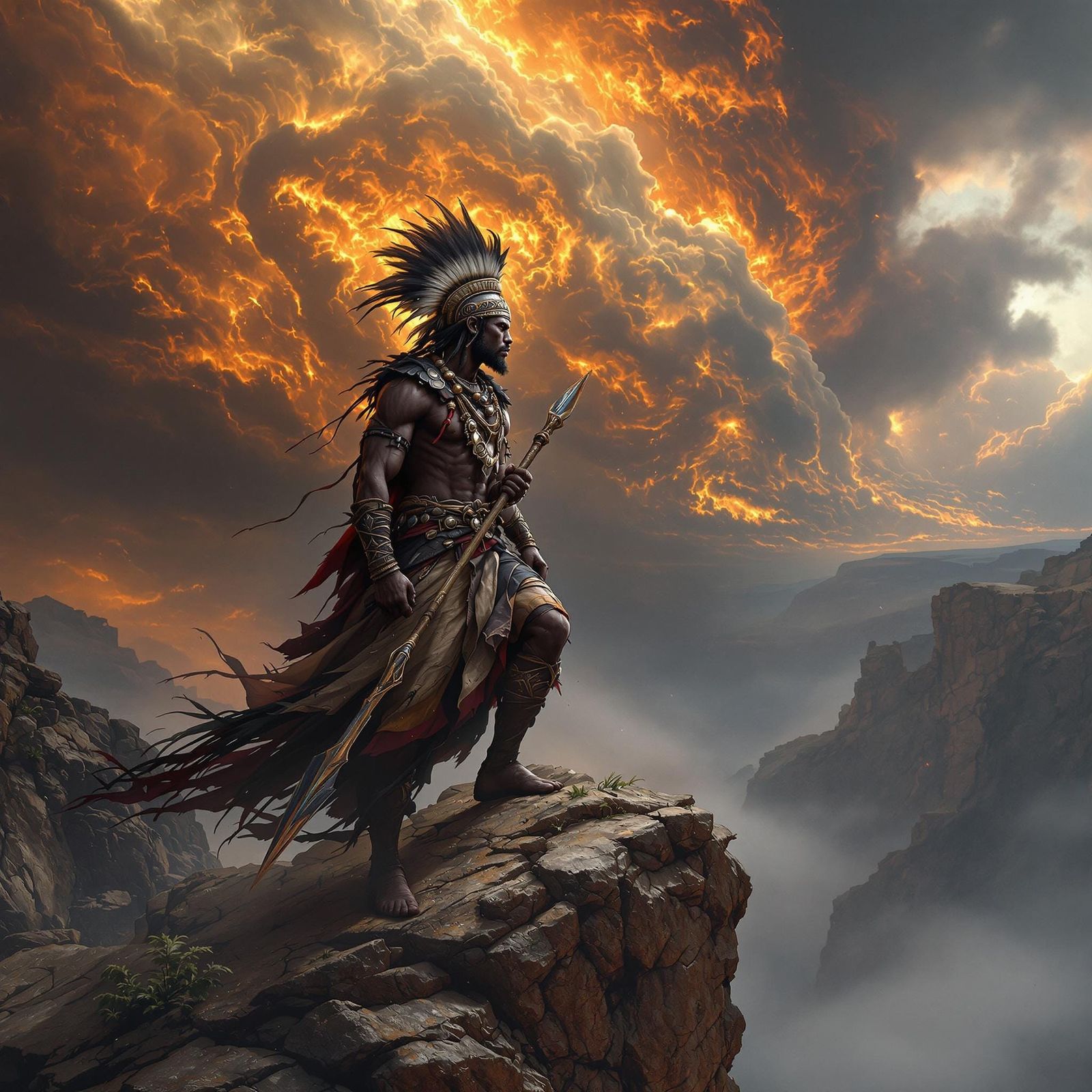 Zulu Warrior Portrait with Spear, Digital Matte Painting