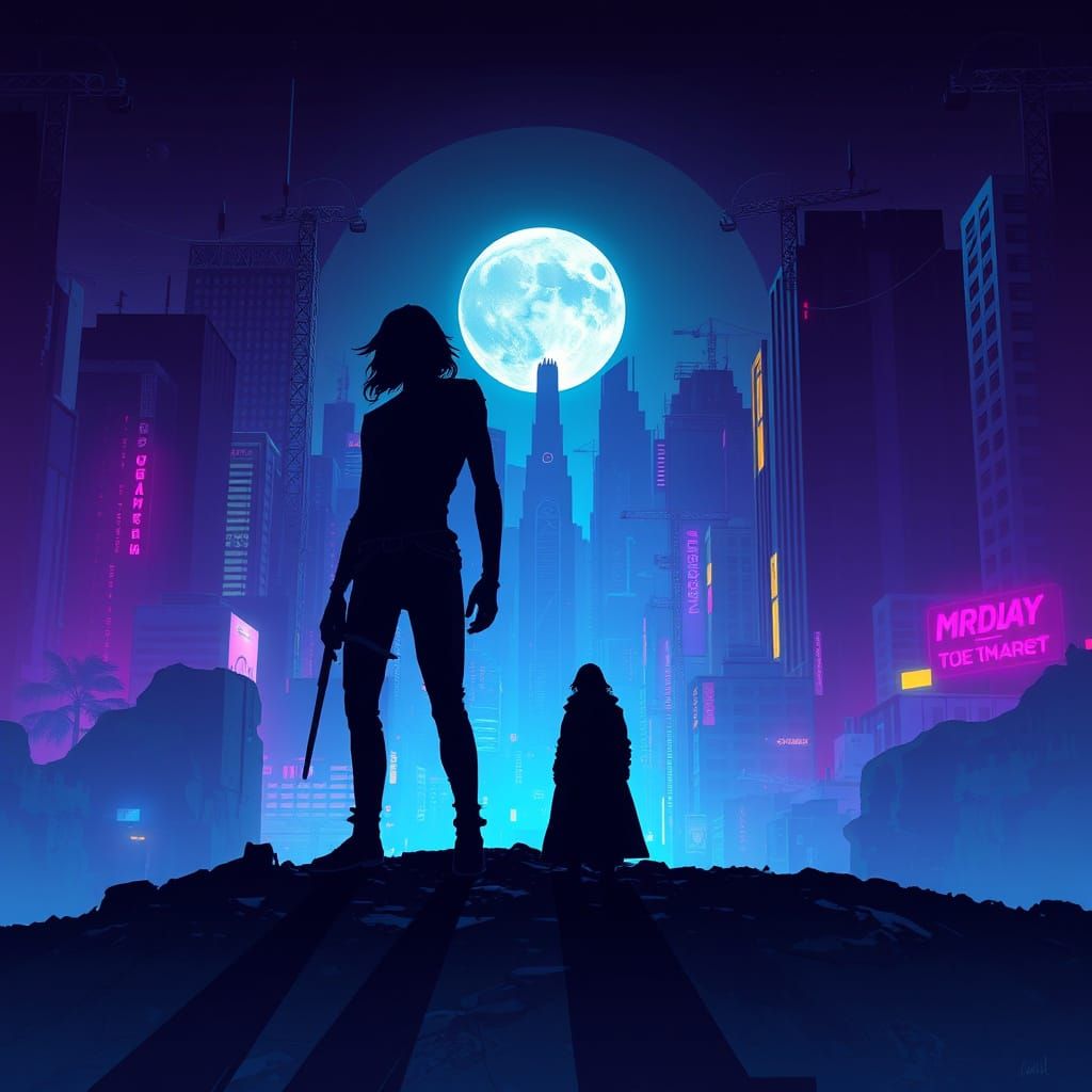 Neon Cityscape with Dark Silhouettes in Futuristic Style