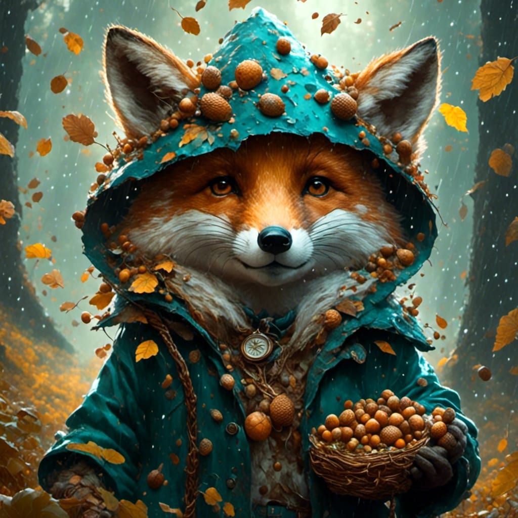 Fox in Acorn Raincoat: Hyperrealistic Ethereal Fantasy