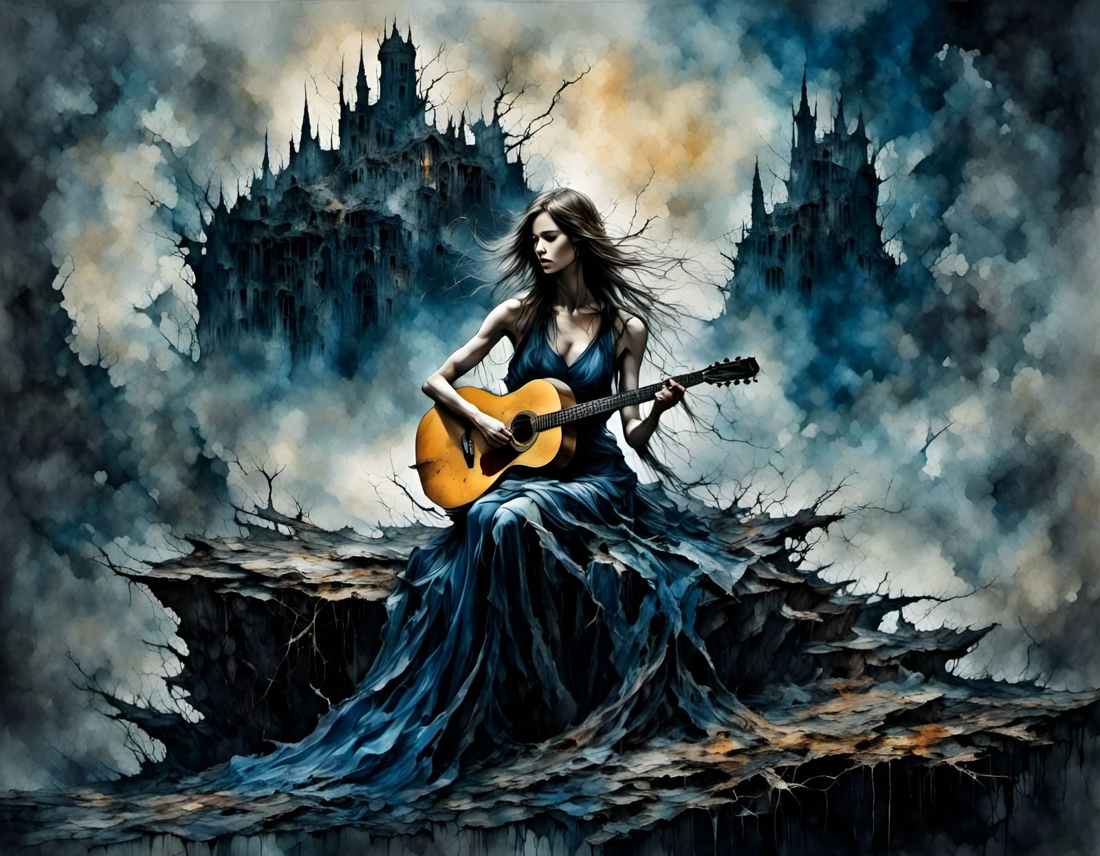 Lonely Girl with Guitar in Dark Fantasy World