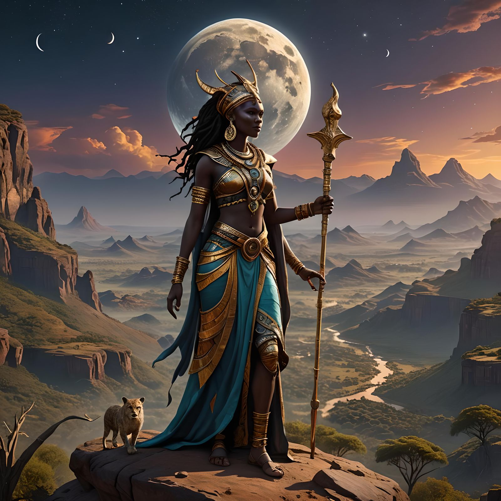 African Goddess Under Bright Moon: Fantasy Concept Art
