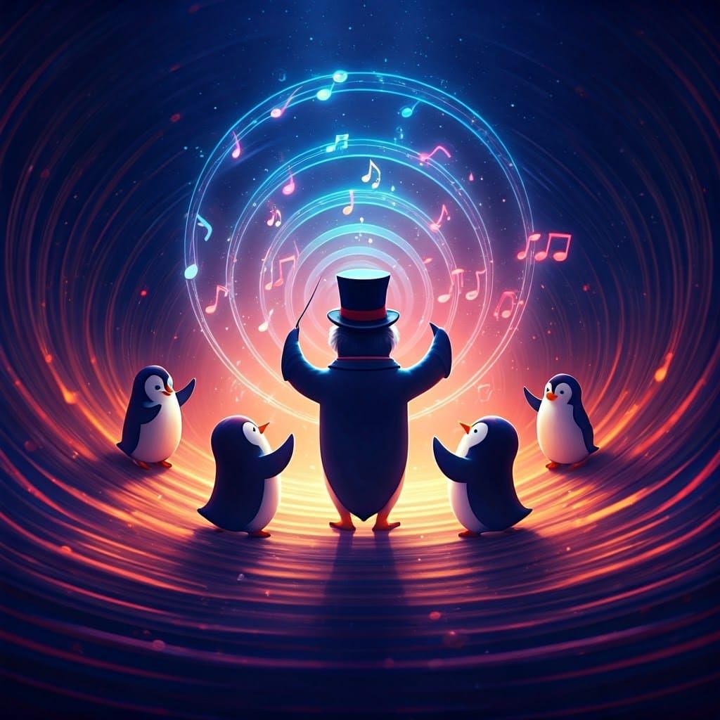 Chibi Penguins Conduct a Magical Symphony Under Northern Lig...