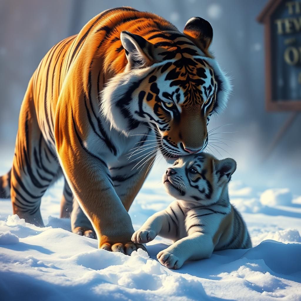 Tiger and Puppy Playing in Snow: Hyperrealistic Splash Art