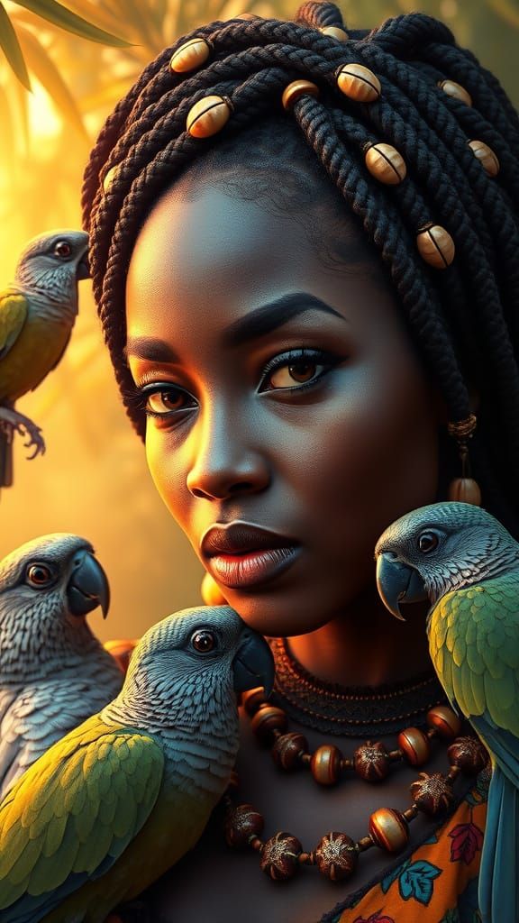 Stunning African Goddess in Vibrant Avian Wonderland