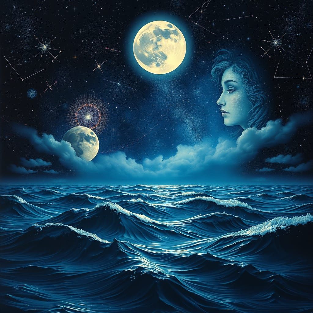 Celestial Faces in the Starry Ocean Night