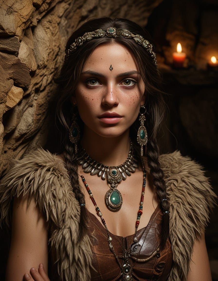 Prehistoric Balkan Woman Painting Cave Art by Firelight
