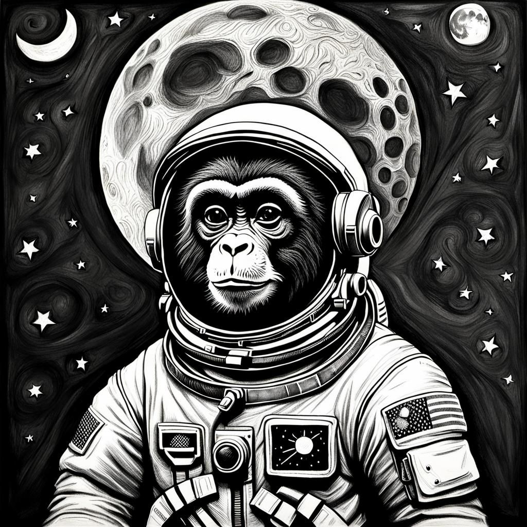 Astronaut, monkey, moon, charcoal drawing
