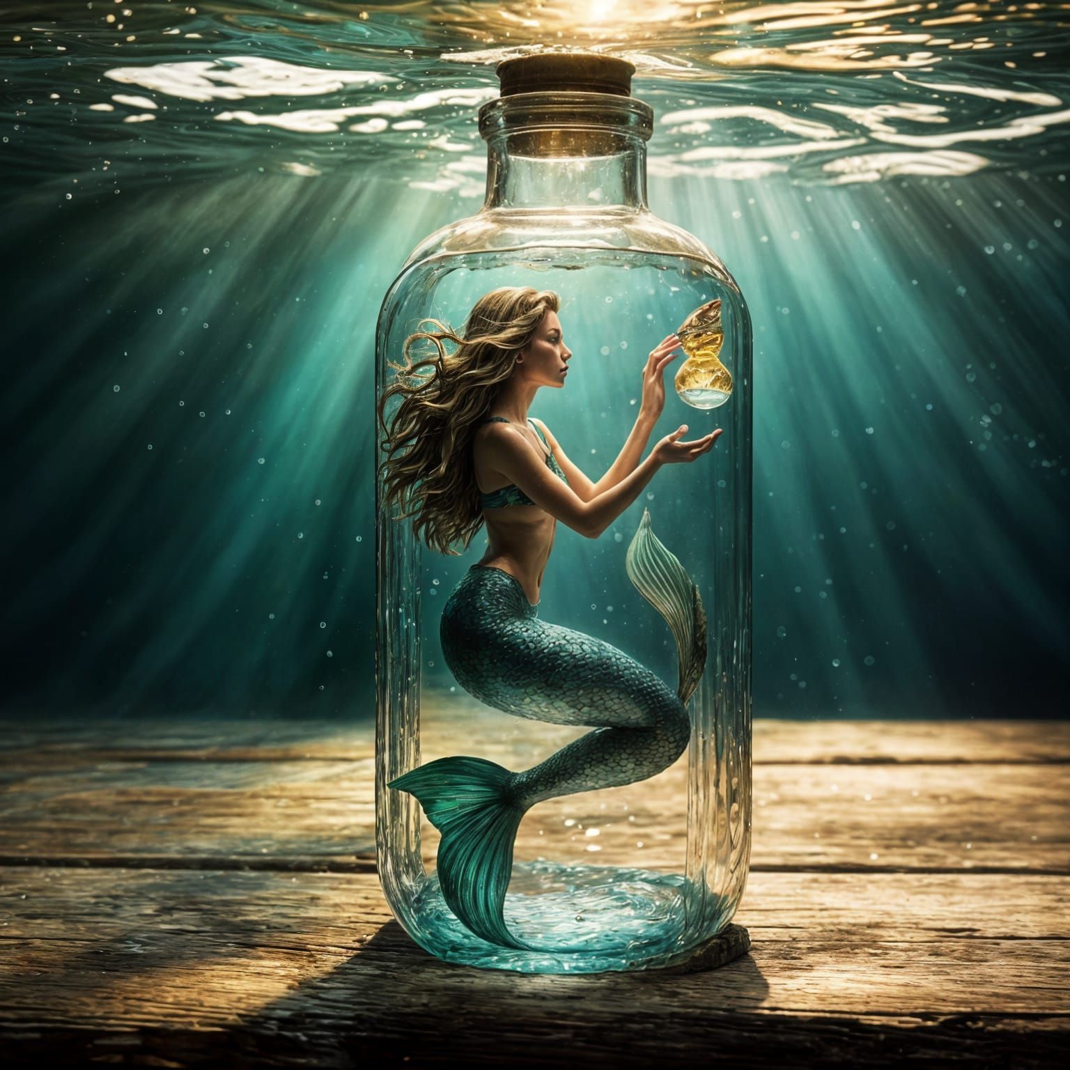Mermaid in a Bottle: Hyperrealistic Underwater Scene